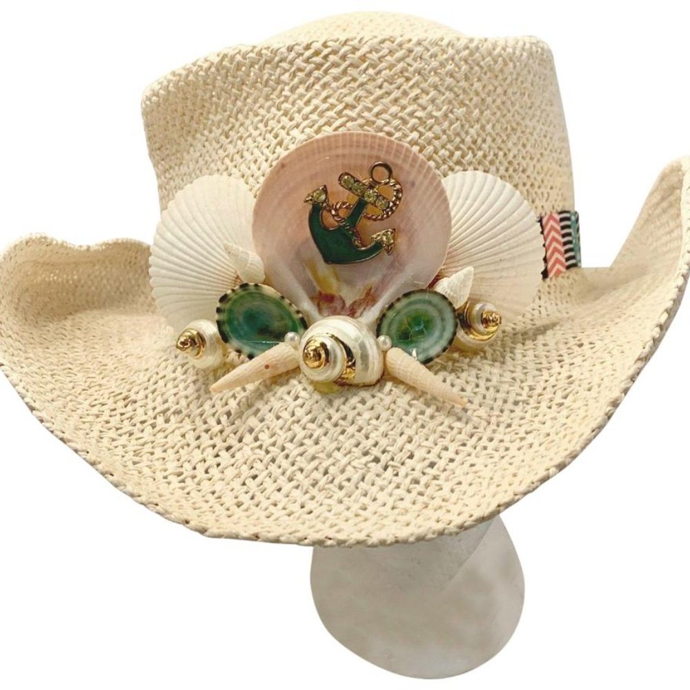 Anchor & Seashells White Panama Cowboy Sun Hat